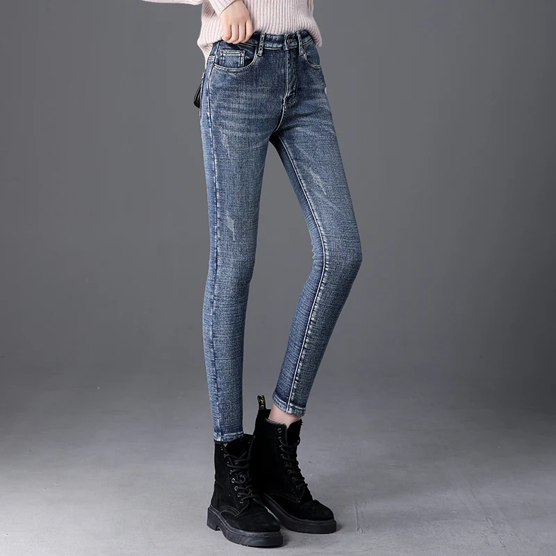 Winter Fleece Warm Thick Plus Velvet Skinny Mom Jeans For Women High waist Slim fit Female Stretch Denim Pencil Pants