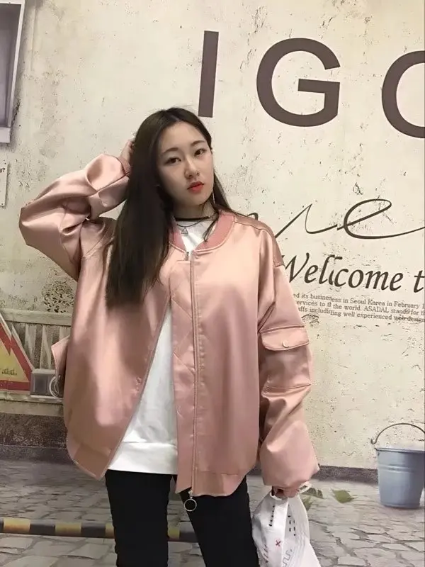 

W Western Style Street Snap Commuting Bright Surface Large Pocket Creased Loose-Fit Long Sleeve Baseball Uniform Coat