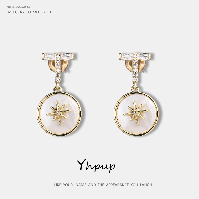 

Yhpup Trendy Spike Star Copper Zirconia Natural Shell Dangle Earrings High Quality Charm Earrings Female Party Fashion Jewelry