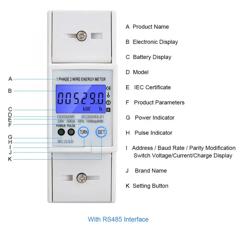 Однофазный измеритель электрической энергии с ЖК-дисплеем, интеллектуальный цифровой дисплей 230V 2P din-рейка, измеритель мощности с RS485 DDS529R