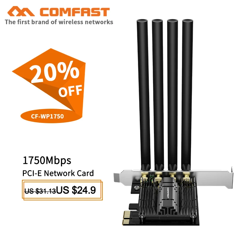

1750Mbps 5G Dual Band PCI-E Desktop Wifi Card 802.11ac MU-MIMO Wireless Adapter with 4*3dBi Antennas for Windows 7 /10