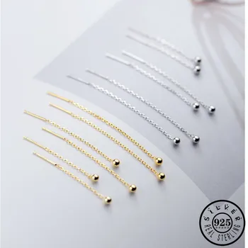 

Authentic 925 Sterling Silver Minimalist Small Round Shape Gold Color Long Chain Dangle Drop Earrings Fine Jewelry for Women