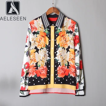 

AELESEEN New Design Runway Floral Series Retro Rose Print Blouse Women Dots Printed Turn-Down Collar European Office Lady Shirt