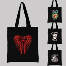 Women's Shopping Bag Casual Large-capacity Shoulder Bag Reusable Cobra Print Pattern Black Fashion Canvas All-match Carrying Bag
