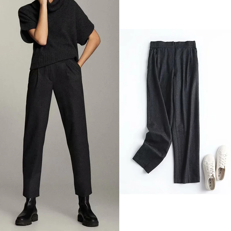 Women Pants Za Fashion 2021 Office Lady Woolen Straight Chic Black Elastic High Waist Trousers Mujer England Style Panta | Женская
