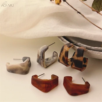 

AOMU Korean Trend Leopard Acrylic Geometric Trapezoid Square Hook Stud Earrings for Women Gift Jewelry Party серьги charms