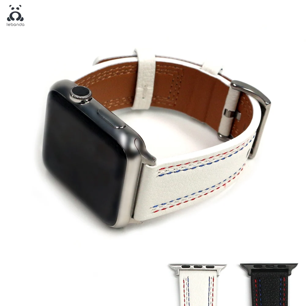 Ремешок из натуральной кожи для Apple Watch series 7 6 SE 5 4 3 2 Прошитый 3-линейный браслет с