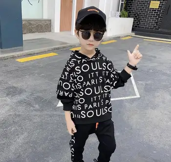 

Children's suit boys hooded letter reflective pullover stitching sleeve sweater + sweatpants baby kids two-piece suit