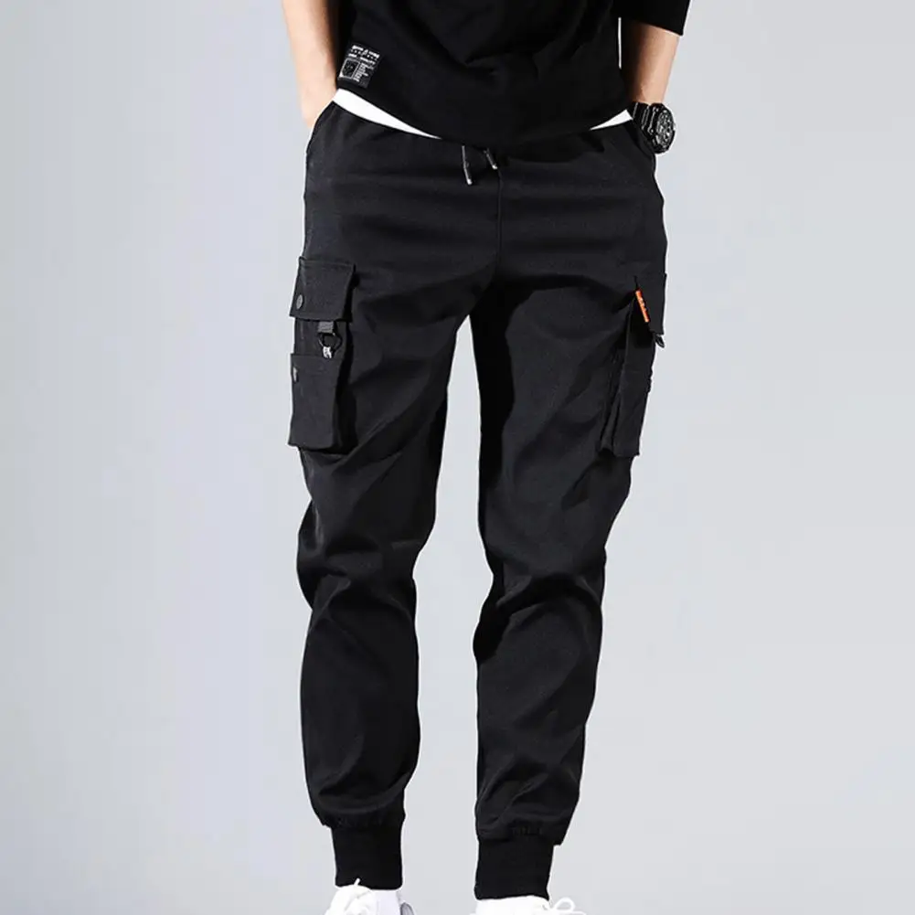 Men Trousers Jogging Military Cargo Pants Casual Work Track Drawstring Strap Elastic Waist Pants Thin Male Beam Feet Cargo