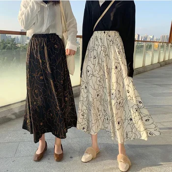 

Long Print Chiffon Skirt Women 2020 Spring Summer Fashion Korean Elegant High Waist Pleated Sun Maxi Skirt Female