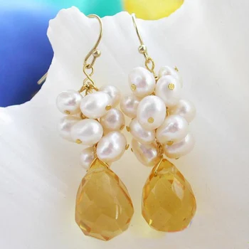 

Unique Pearls jewellery Store White Pearl Dangle Citrine Drip Faceted Earrings Charming Women Gift Jewelry