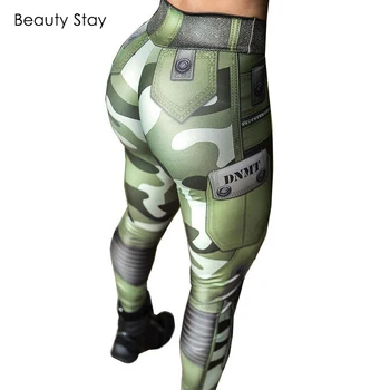 

Beauty Stay Fitness Women Leggings Push Up High Waist Army Green Camouflage Pocket Print Workout Fashion Casual Pants