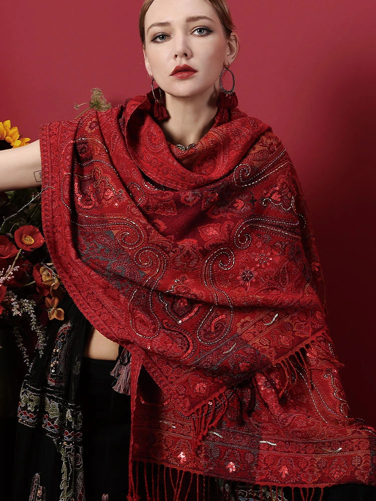 de lana de alta gama para otoño e invierno, chal de doble uso para mujer, color rojo oscuro, estilo étnico de lujo, Pashmina India hecha a mano con cuentas|Bufandas de mujer| -