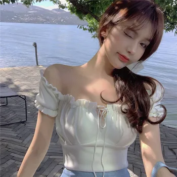 

2020 New Chic Knit Crop Tops Sexy Cute Pleated Ruffles Lace Trim Collar T-shirt Fashion Wild Short Sleeve T Shirt One Size