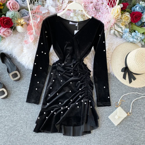 black Neploe/сексуальное платье с v-образным вырезом из золотистого бархата, тонкая талия, с поясом, асимметричное, с оборками, Vestido, бисероплетение, на завязках, плиссированные, вечерние, Ropa - Цвет: black