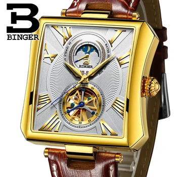 

Switzerland BINGER Tourbillon Mechanical Watch Men Sapphire Calendar Week Luminous Genuine Leather Strap Square dial Montre