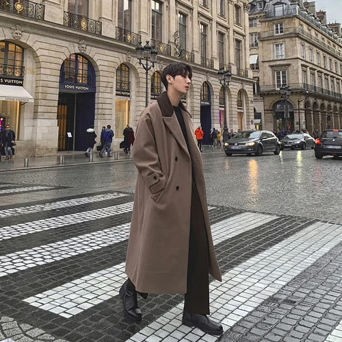 Dark Brown X105 Мужское двубортное винтажное модное повседневное свободное шерстяное длинное пальто ветровка мужская уличная шерстяная куртка верхняя одежда - Цвет: Dark Brown X105