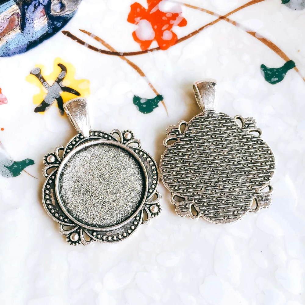 5pcs/lot 20mm Necklace Pendant Setting Antique Bronze Silver Glass Cabochon Blank Base Supplies for Jewelry Finding T100