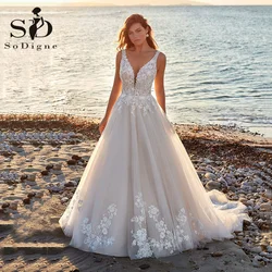 SoDigne Exquisite Beach Wedding Dresses Lace Appliques V Neck Princess A Line Bride Dress Modest Backless Bridal Gowns