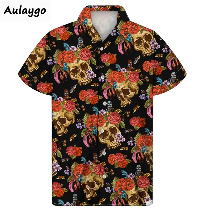 

Cuban Guayabera Shirt For Ladies Skull Print Beach Shirts 2020 Summer Fashion Short Sleeve Button Down Hawaiian Cloth Plus Size