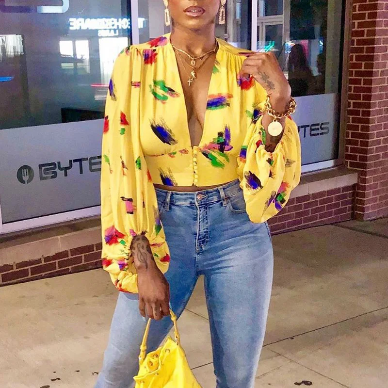 Women Lantern Long Sleeve Blouse Crop Top V neck Casual Party Elegant