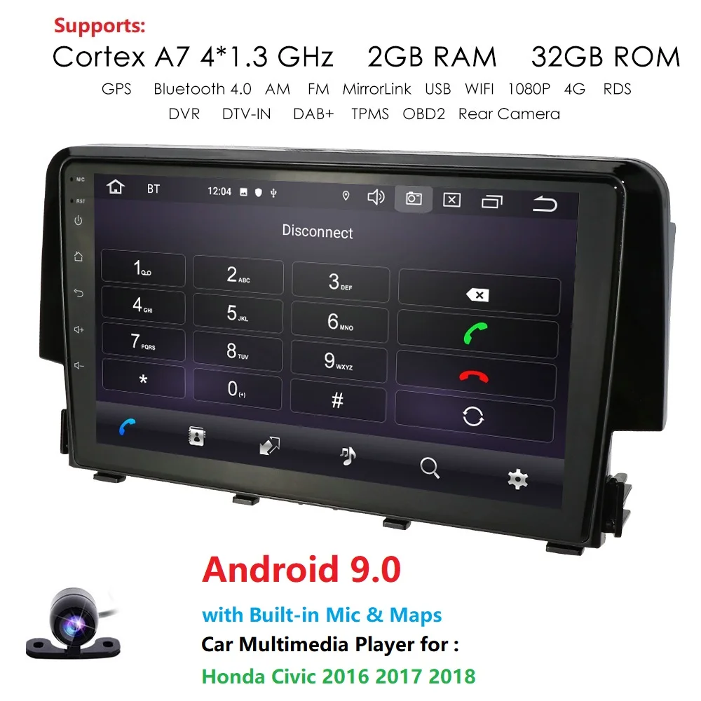 

Quad Core 2DIN Android 9.0 Car GPS Navigation for Honda Civic 2016 2018 2018 Car Multimedia Player 9Inch 2G+32G RDS WIFI 4G BT