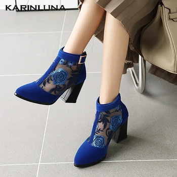 

KarinLuna 2020 Dropship Large Size 43 Flock Women Boots Square Heels Round Toe Zip Embroider Pumps Summer Women Shoes