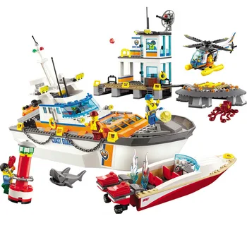 

844PCS Compatible 60167 Toys Coast Guard Headquarters Building Blocks City Helicopter Ship Deck Shark Model Bricks