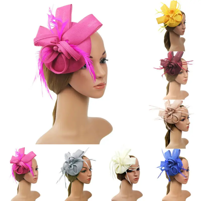 

US Women Wedding Party Feather Pearl Mesh Fascinator Hat Hair Clip Accessories
