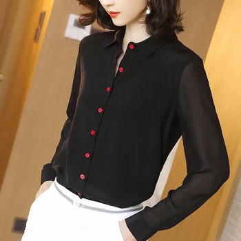 

Fall Spring Fashion Office Ladies Womens Long Sleeve Black Imitation Silk Blouse Top Shirts , Korean Tops and Blouses for Woman
