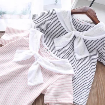 

2020 Summer Girls Tie Bow Tie Striped Children's T-shirt Children's Clothing Wholesale