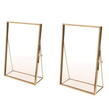 

Promotion! 2 Pcs Simple Antique Rectangular Freestanding Transparent Glass Photo Frame for Home Decoration - Gold, 10.2 x 15.3 c