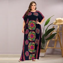 

DOIB Floral Print Plus Size Dresses Batwing Sleeve Split Abaya Kaftan Islamic Muslim Dubai Maxi Long Dress