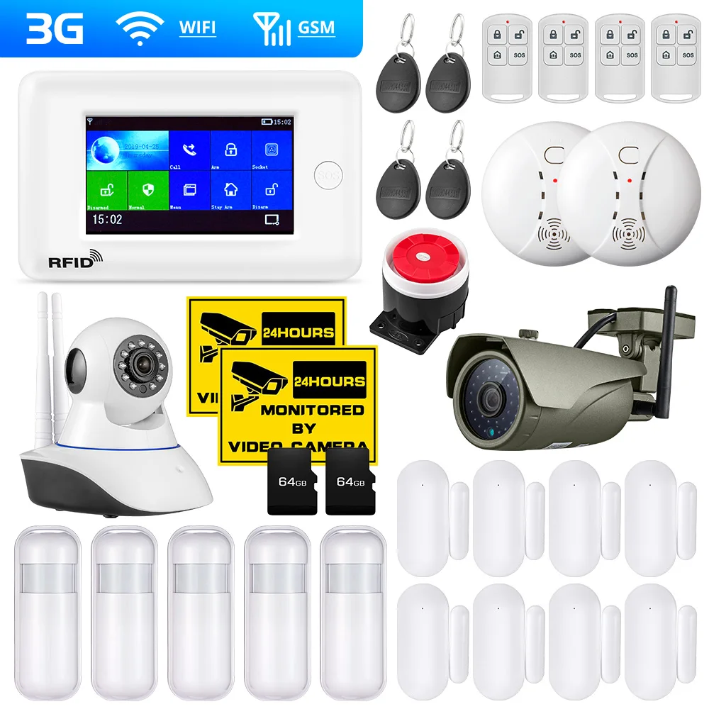 

PG106 2G 3G GSM WiFi Home Security Alarm System IP Camera Support App Control RFID card Outdoor camera Smoke Sensor Motion Alarm