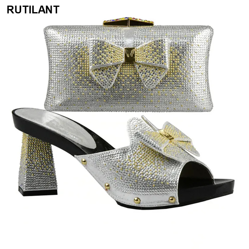 

New Arrival Sliver Color Matching Shoes and Bag Set Decorated with Rhinestone Women Shoes and Bag Set In Italy High Quality Shoe