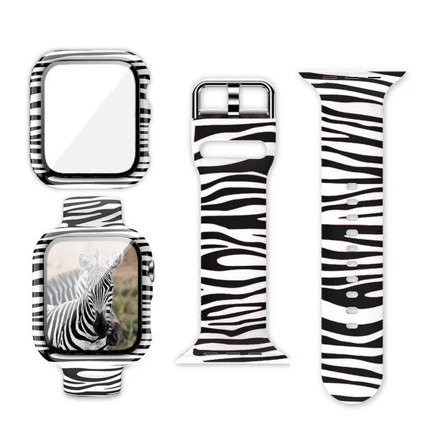 Case+Bands for Apple Watch Band 44 40 42 38mm with Screen Protector Cover, Glass+Silicon Wristband Strap for iWatch SE 654321 Zebra Pattern