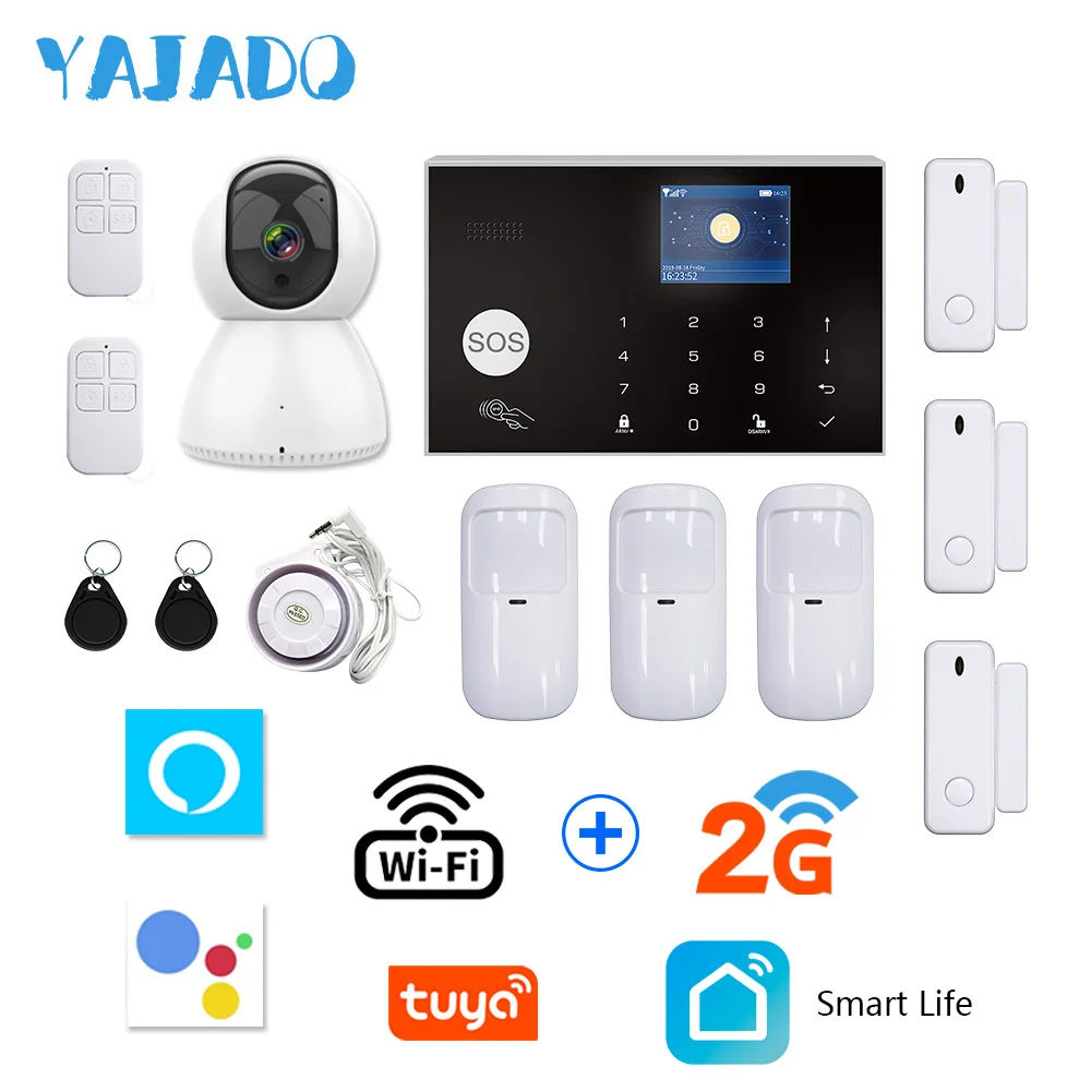 

YAJADO Tuya WiFi GSM Alarm System 433Mhz Wireless Home Security Burglar Alarm with Detector&IP Camera Android&iOS Remote Control