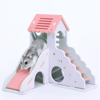 

Double Layers Hut Wooden Hamster House Non-toxic Mouse Rat Nest Staircase Small Animal Living Place House Pets Toys