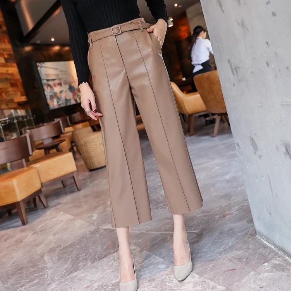 high waisted belted leather pants