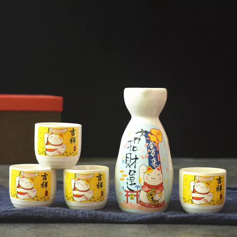Description Picture 3 of item5Pcs/Set Japanese Ceramic Lucky Cat Sake Wine Bottle Creative Maneki Neko Hip Flask Flagon Liquor Spirits Wine Cup Drinkware