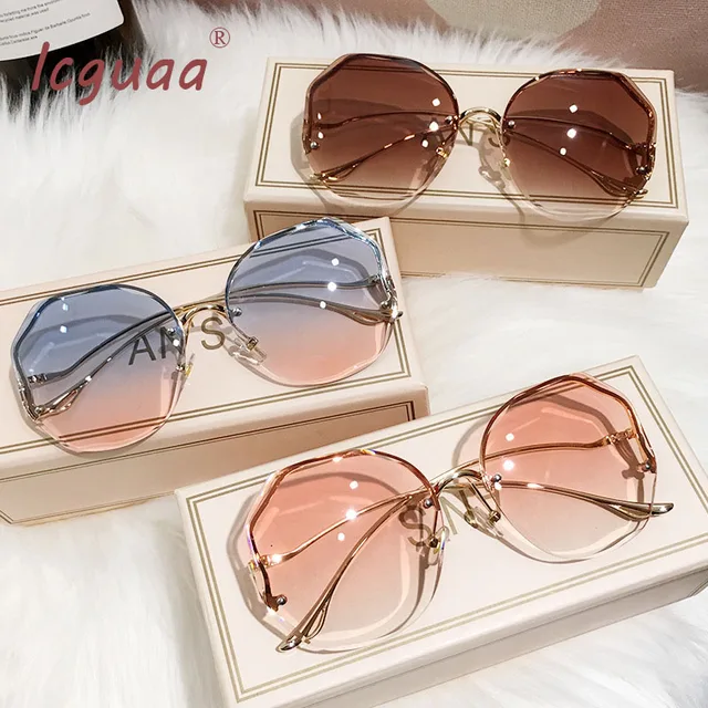 2021 Fashion Tea Gradient Sunglasses Women Ocean Water Cut Trimmed Lens Metal Curved Temples Sun Glasses Female UV400 1