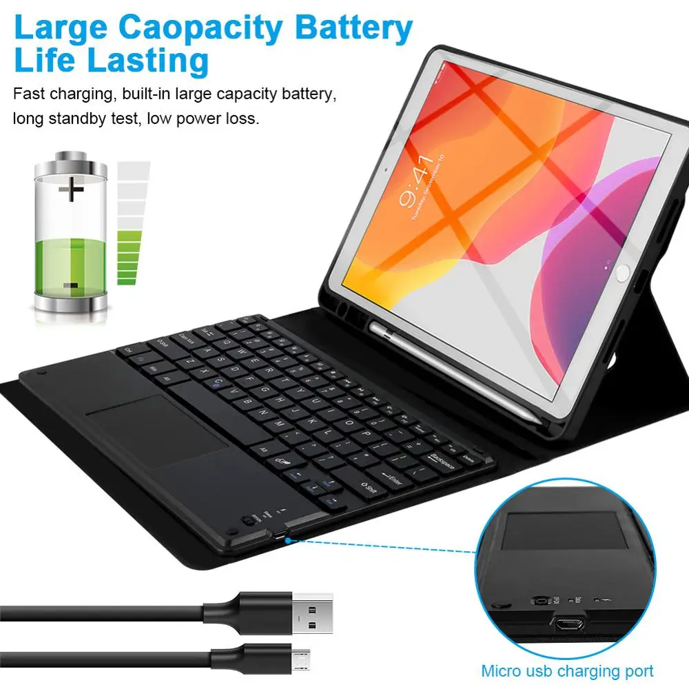 

For Apple iPad 10.2 2019 US Bluetooth Keyboard Black Leather Flip Stand Case Set Tablet Protective Case Spain Russian Keyboard