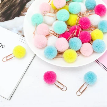 

6pcs/set Cute Candy Color Hairball Rose Gold Cilp Paper Clip Fashion Lady Style Colorful Bookmark Office School Supply