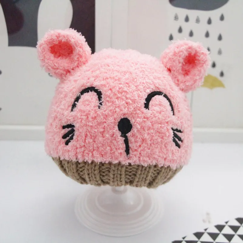 Розовый Зимние теплые детские трикотажные шапки, шапка для мальчиков и девочек, милая хлопковая шляпа Совы с героями мультфильмов для девочек 1-4 лет - Цвет: Розовый