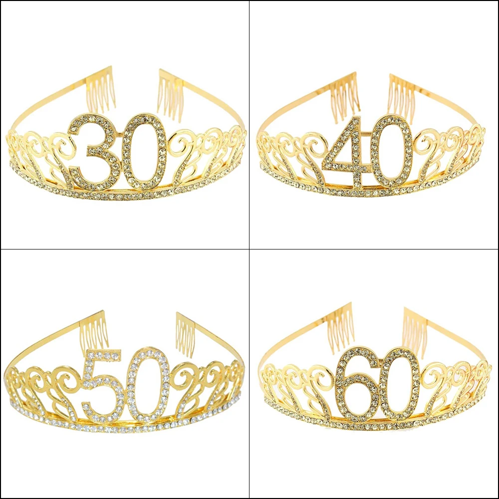 Gold 30 40 50 60 Crystal Birthday Queen Tiara Birthday Crown for Women 30th 40th 50th 60th Birthday Party Decoration Cake Topper