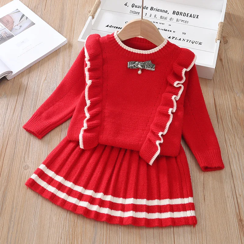 Комплект для девочек лидер продаж зимний костюм маленьких модный вязаный из 2