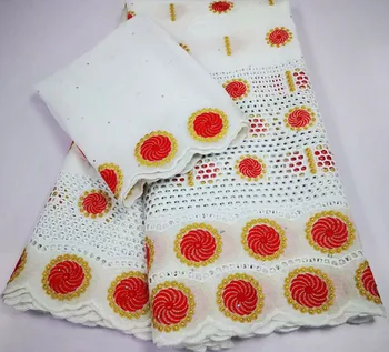 

5+2yards African Lace Fabric for wedding dress High Quality Cotton Swiss Voile Lace With headtie white&red In Switzerland FLC802