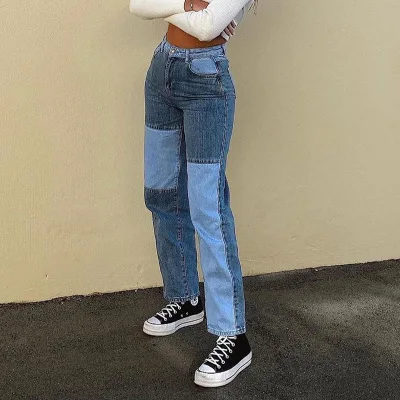 

2020 Vintage High Waist Jeans Women Fashion Casual Patchwork Color block Straight Slim Jeans Pants Denim Pants Vaqueros Mujer