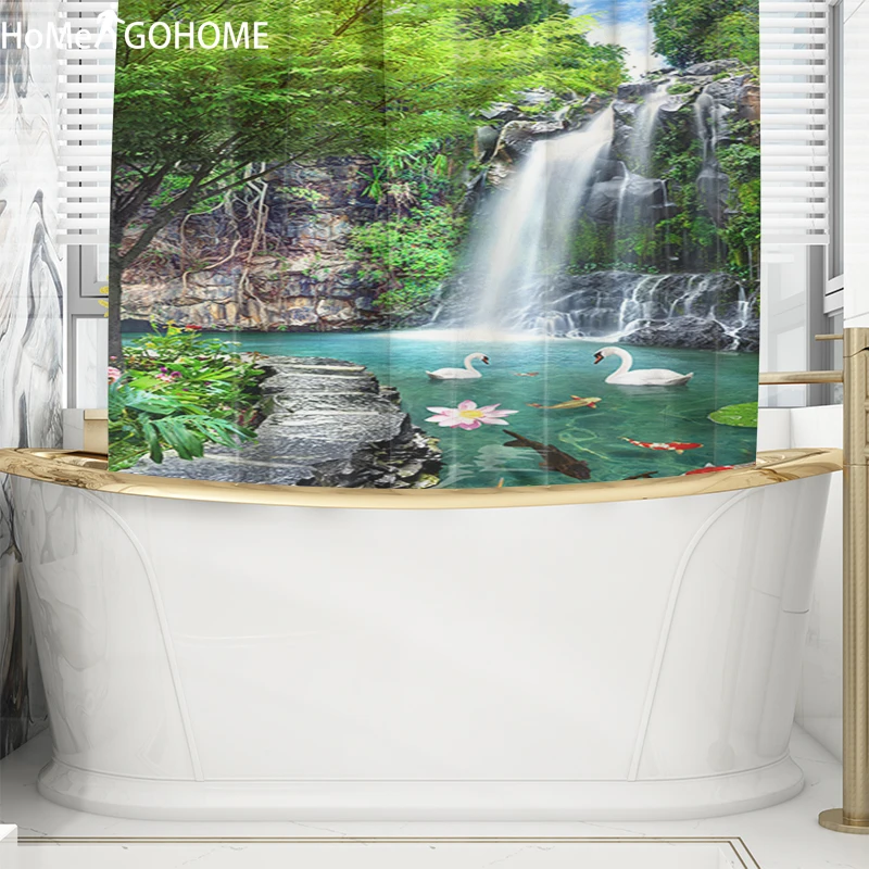 Shower Curtain Waterfall Lotus Plant Green Scene 3D Painting Print Landscape Shower Curtain Bathroom Bathing Curtains Waterproof