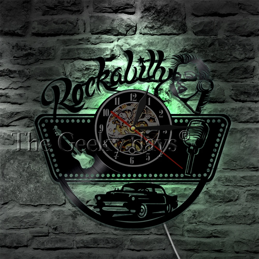 Rockabilly виниловые настенные часы современный дизайн рок музыка силуэт Vinly часы с светодиодный освещение настенные домашние декоративные часы 12"